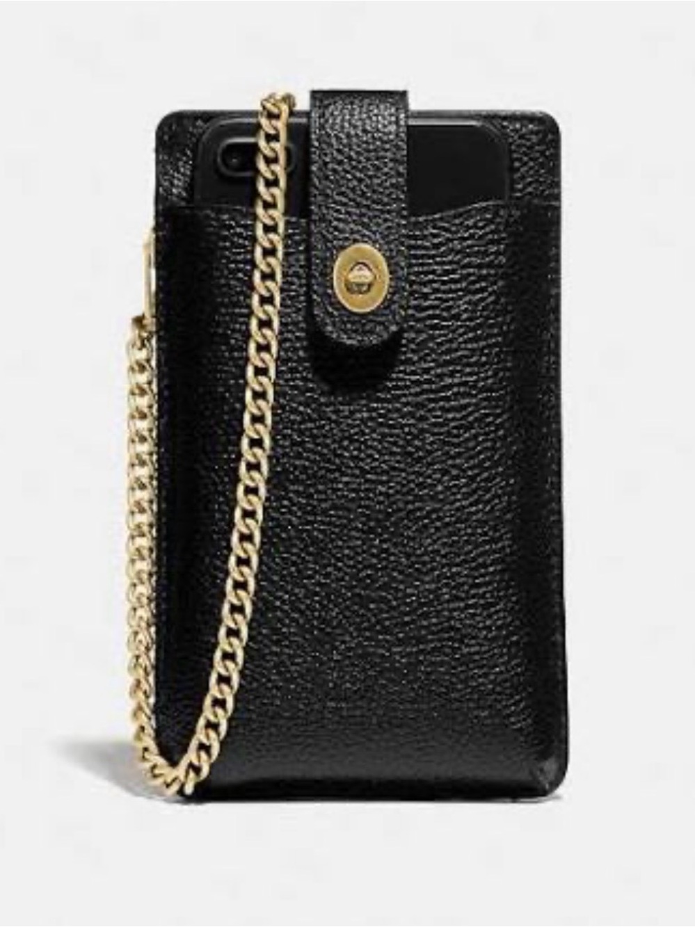 Coach Black Leather Crossbody Phone Pouch with Gold Chain